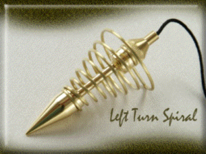 A gold object with a black cord and the words " left turn spin ".